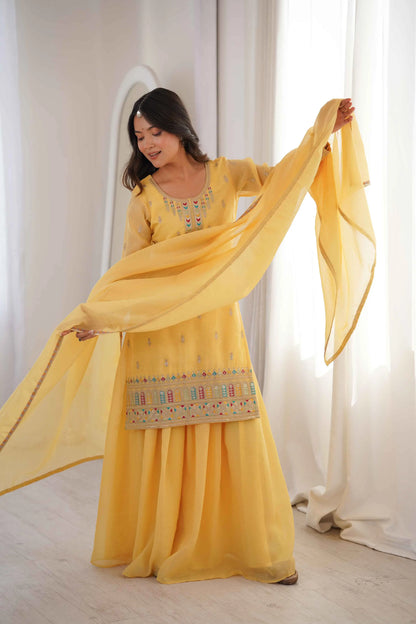 Yellow Sharara Set With Embroidery Work