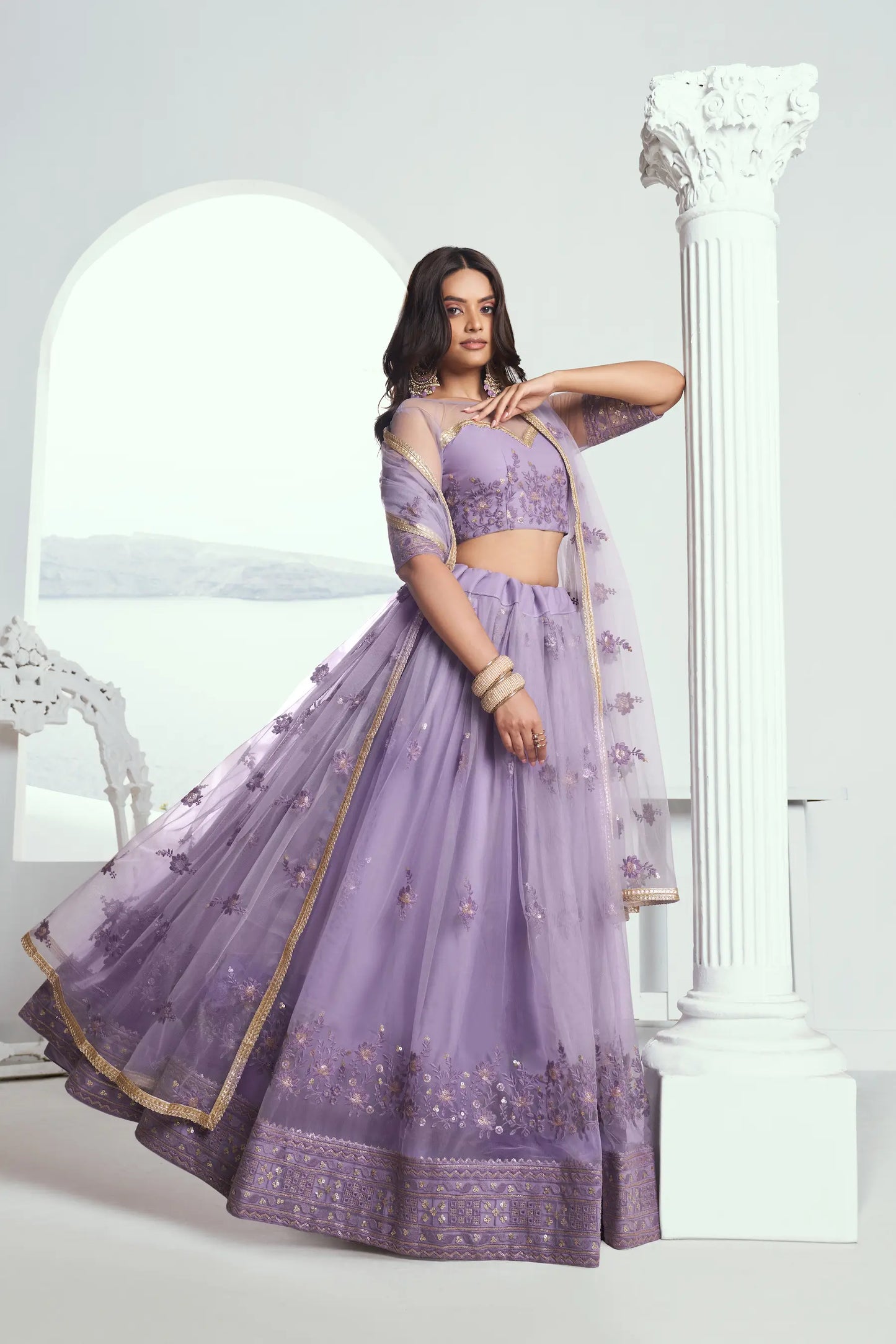 Lavender Net Lehenga Choli with Cotton Thread Work & Sequence Embroidery Work