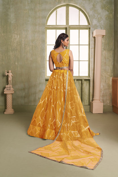 Mustard Yellow Net Sequins Lehenga choli