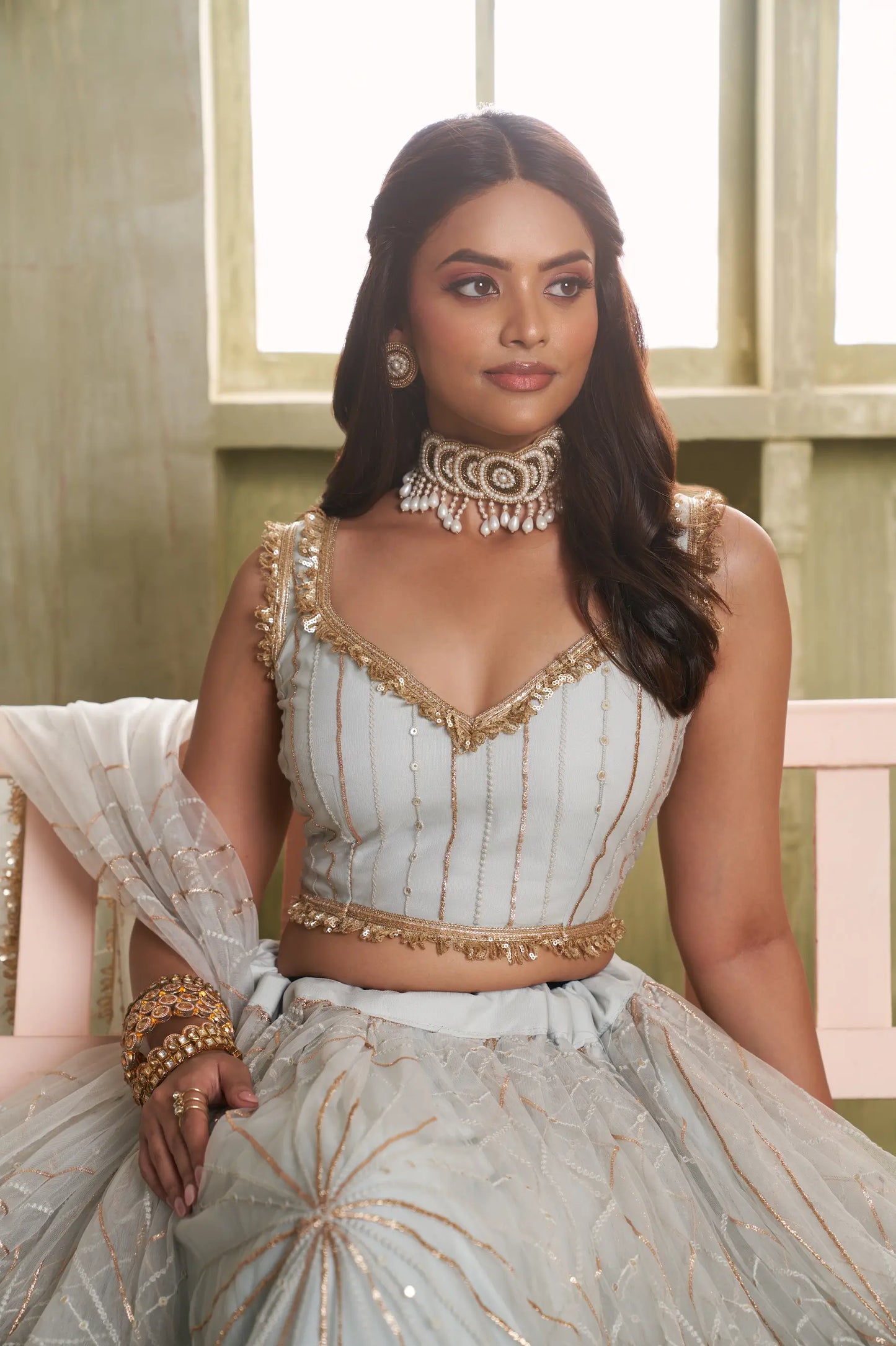 Light Grey Net Lehenga Choli With Cotton Thread Work & Sequence Embroidery Work