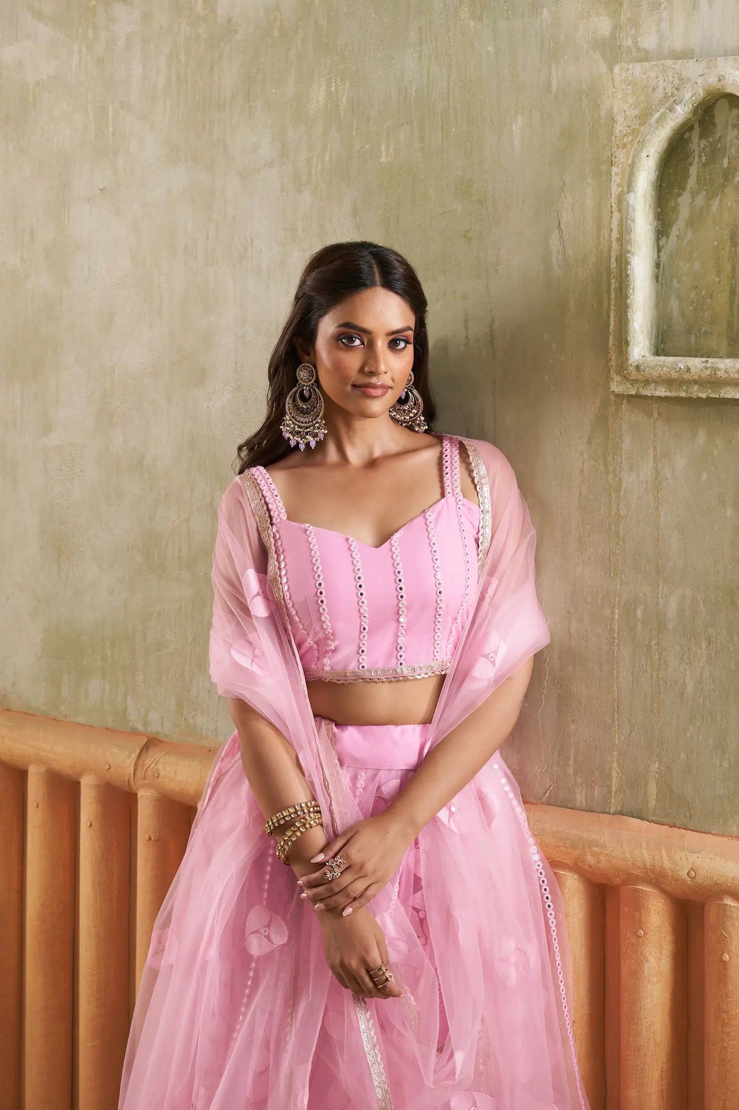 Pink Net Lehenga Choli With Cotton Thread Work & Sequence Embroidery Work