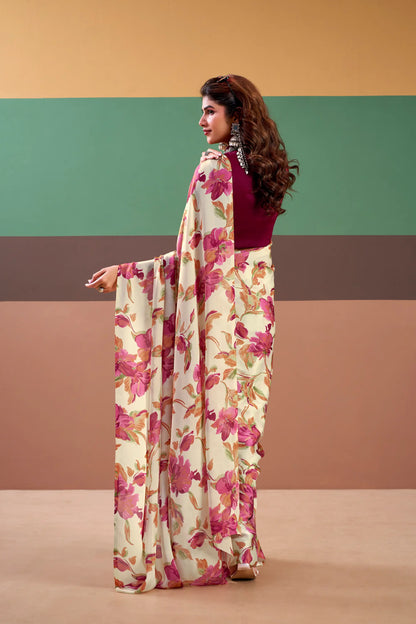 Pink Satin Silk Floral Printed Saree