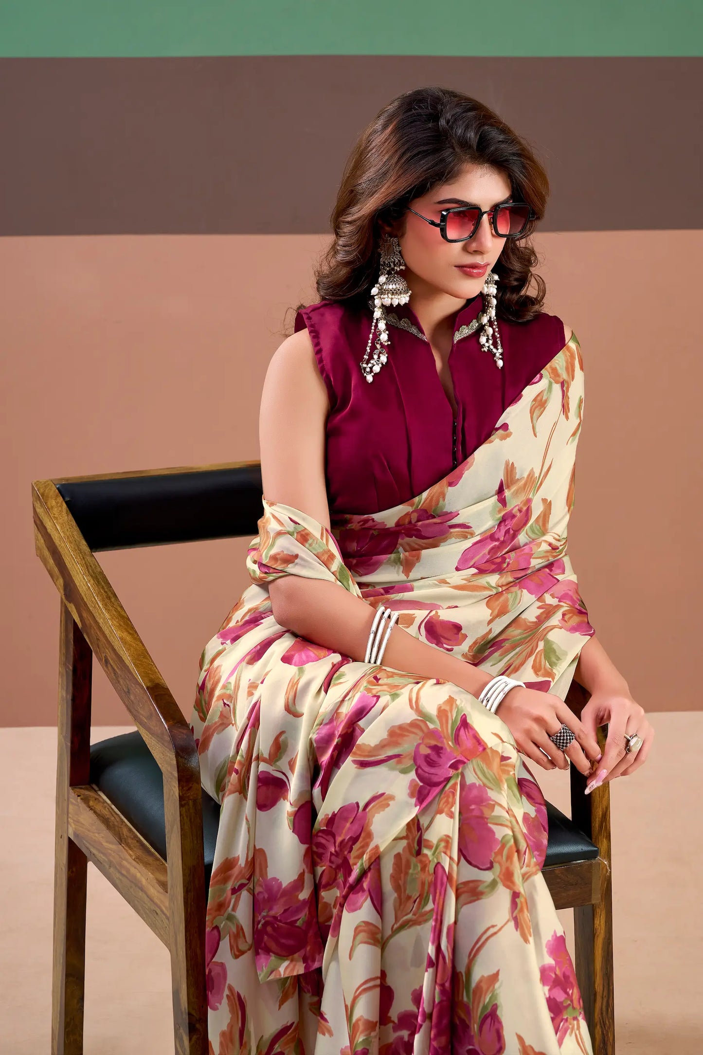 Pink Satin Silk Floral Printed Saree