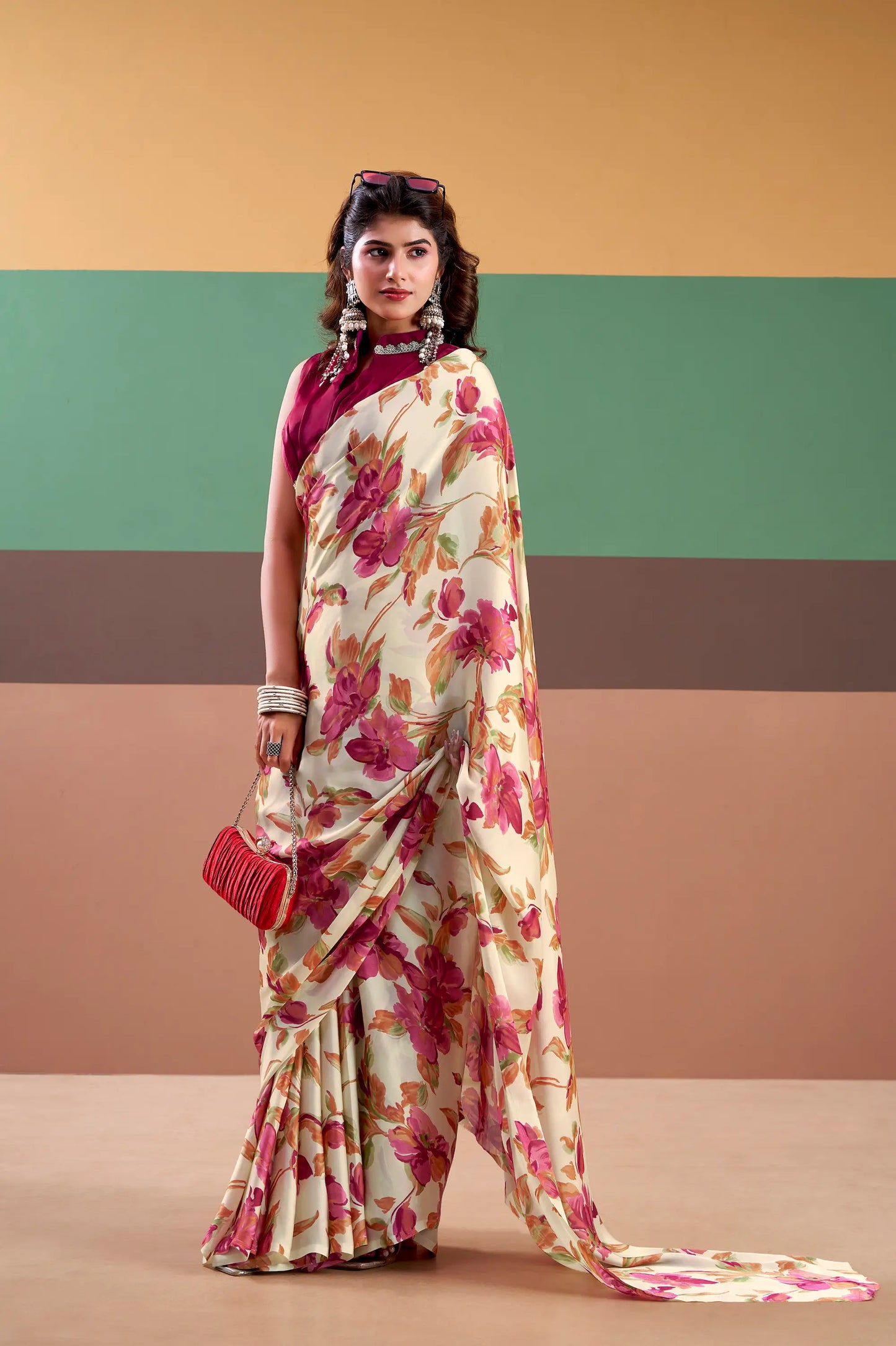 Pink Satin Silk Floral Printed Saree