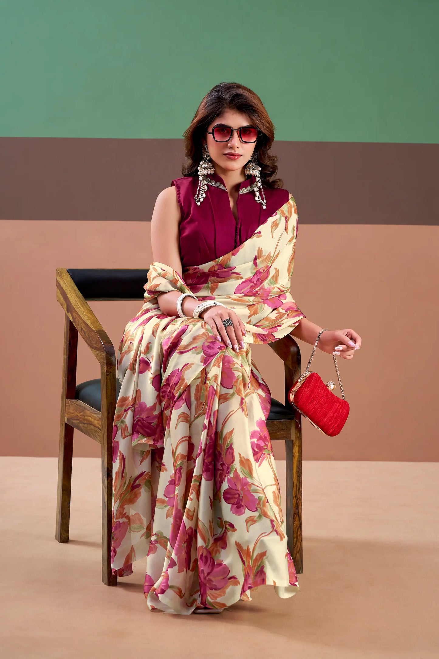 Pink Satin Silk Floral Printed Saree