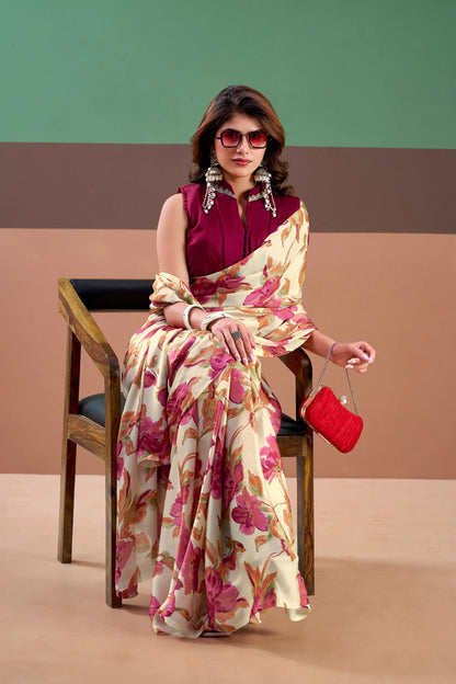 Pink Satin Silk Floral Printed Saree