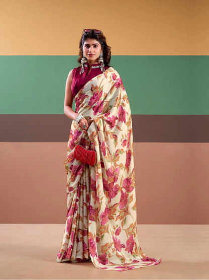 Pink Satin Silk Floral Printed Saree