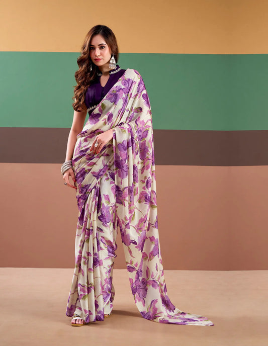 Purple Satin Silk Floral Printed Saree