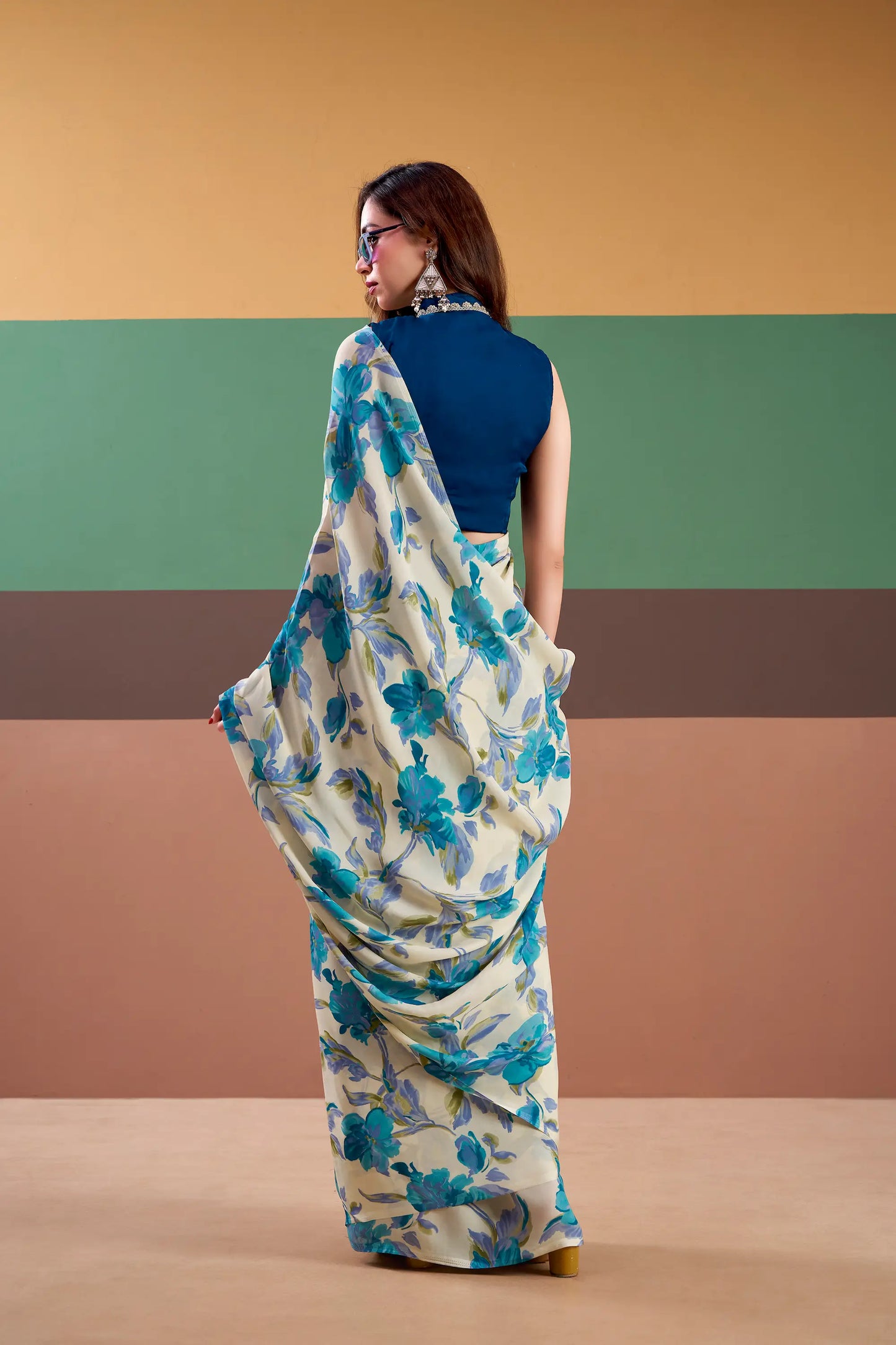 Blue Satin Silk Floral Printed Saree