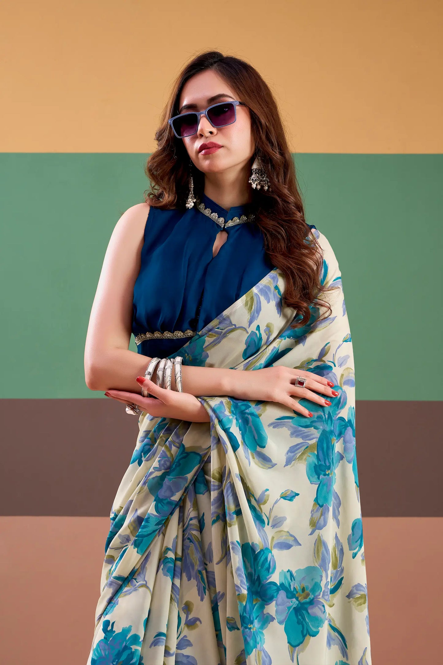 Blue Satin Silk Floral Printed Saree