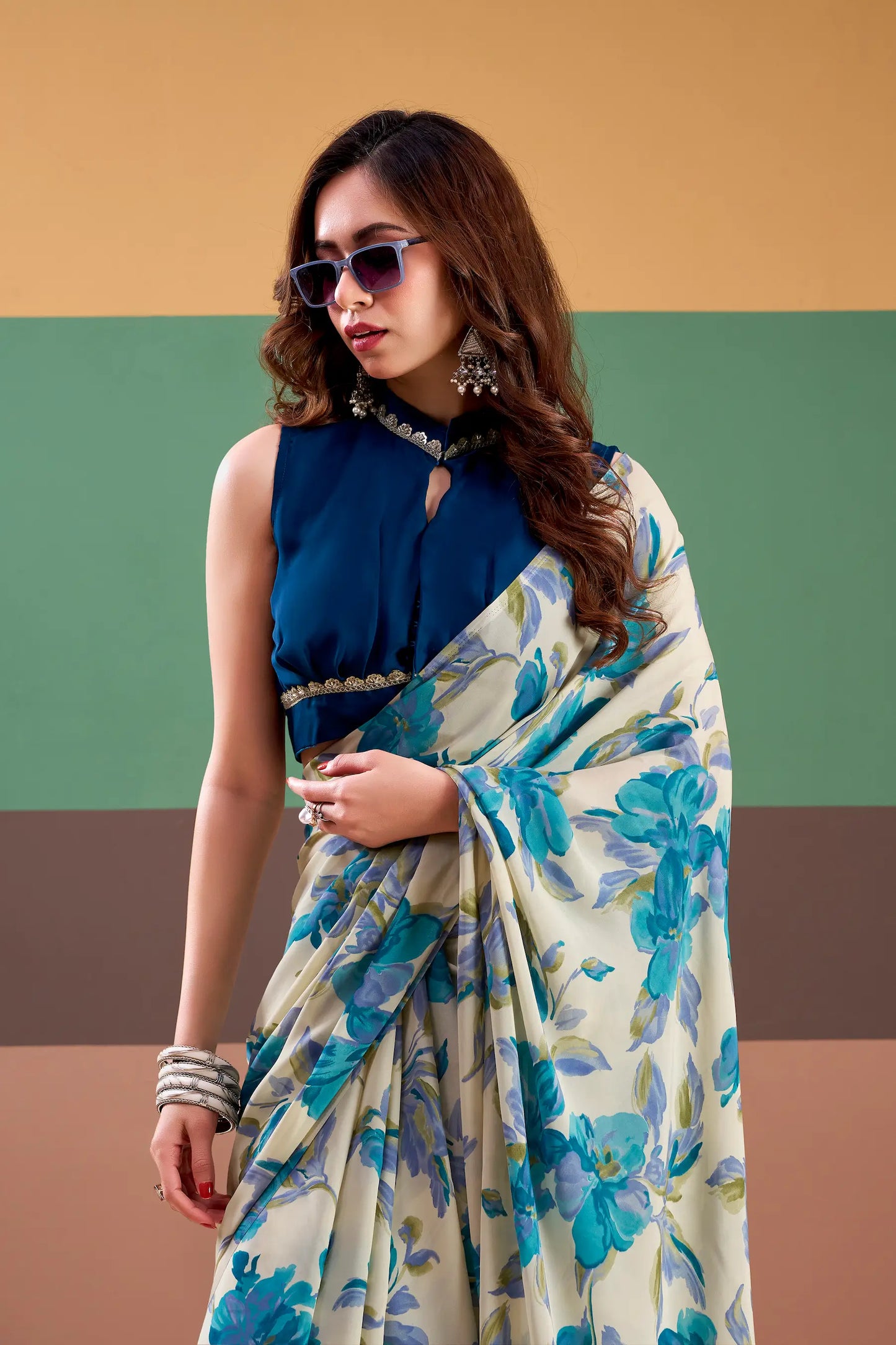 Blue Satin Silk Floral Printed Saree