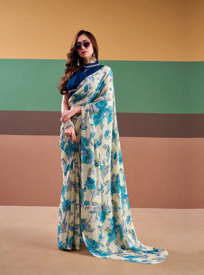 Blue Satin Silk Floral Printed Saree