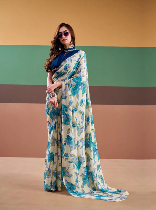 Blue Satin Silk Floral Printed Saree