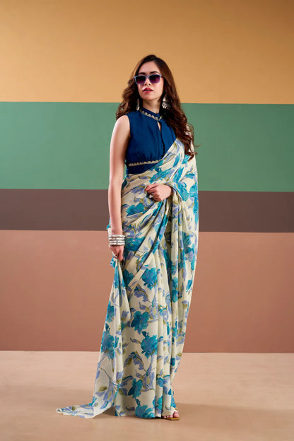 Blue Satin Silk Floral Printed Saree