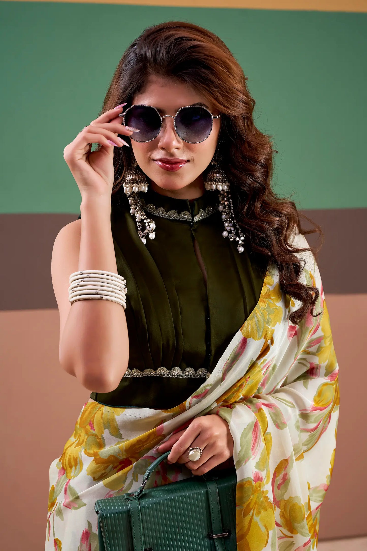 Yellow Satin Silk Floral Printed Saree