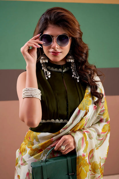 Yellow Satin Silk Floral Printed Saree