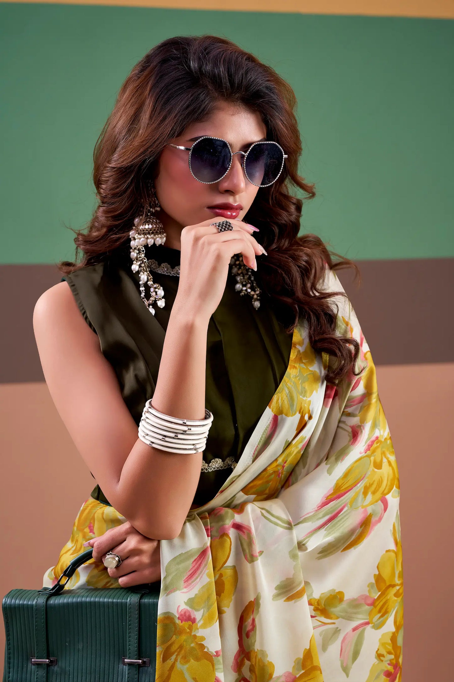 Yellow Satin Silk Floral Printed Saree