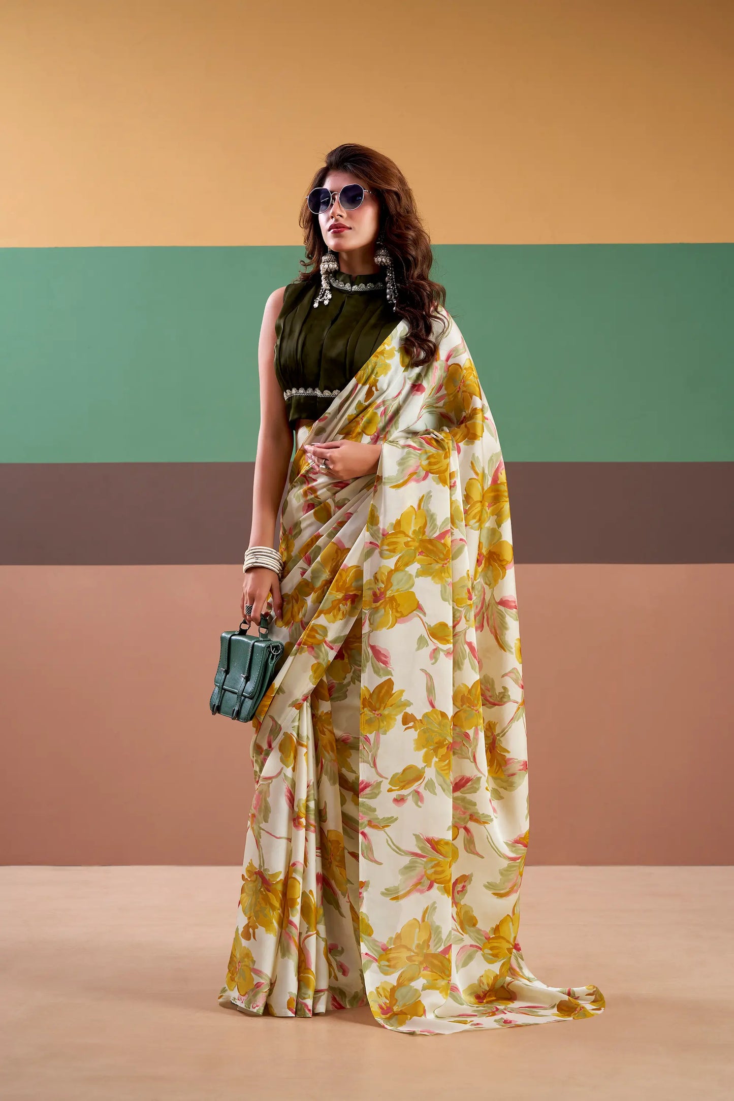 Yellow Satin Silk Floral Printed Saree