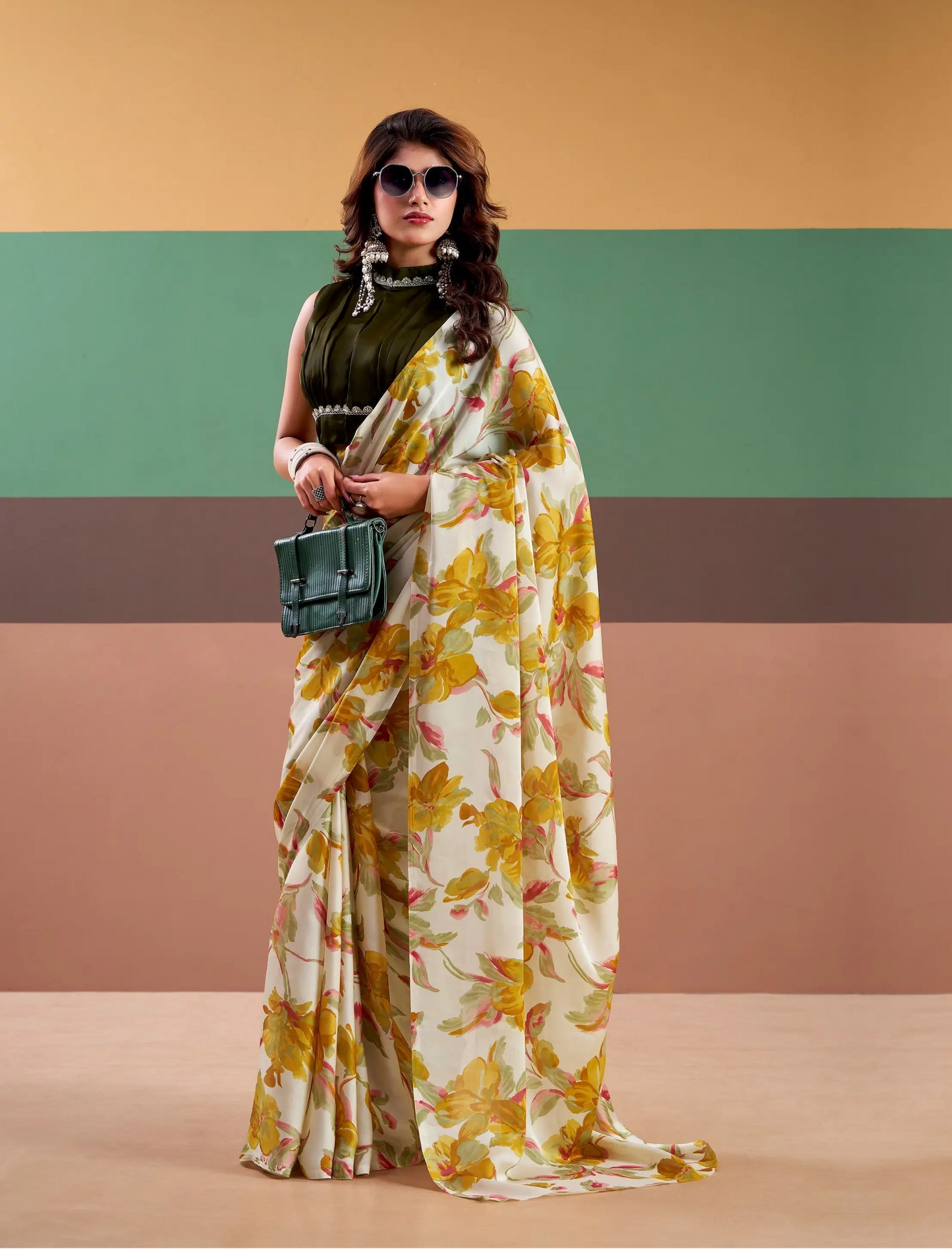 Yellow Satin Silk Floral Printed Saree