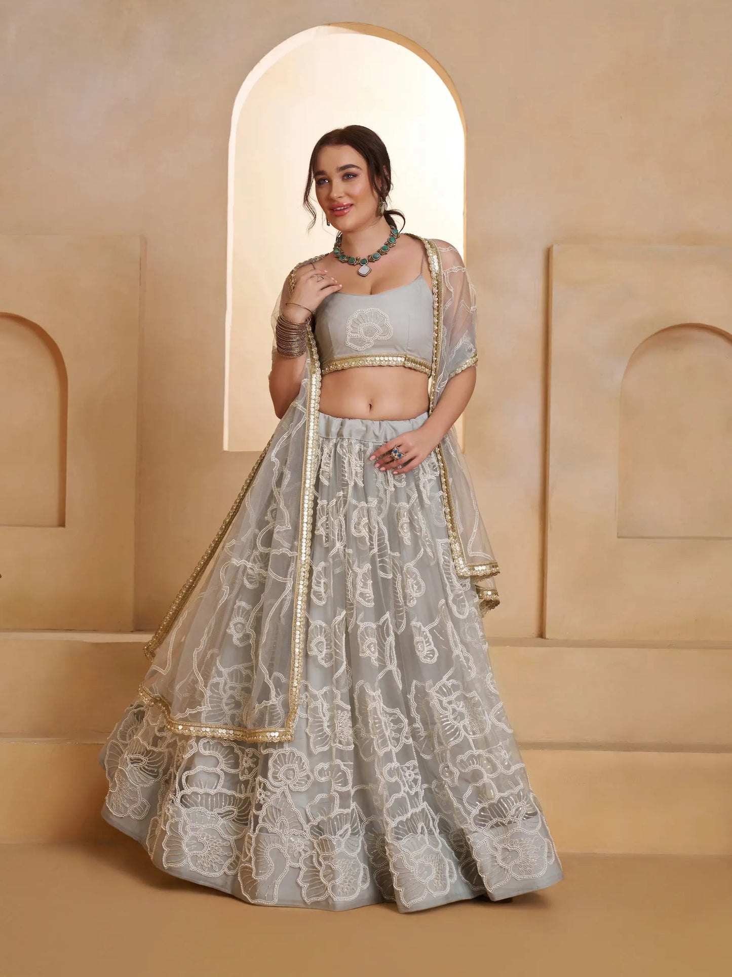 Silver Grey Net Embroidery Lehenga choli