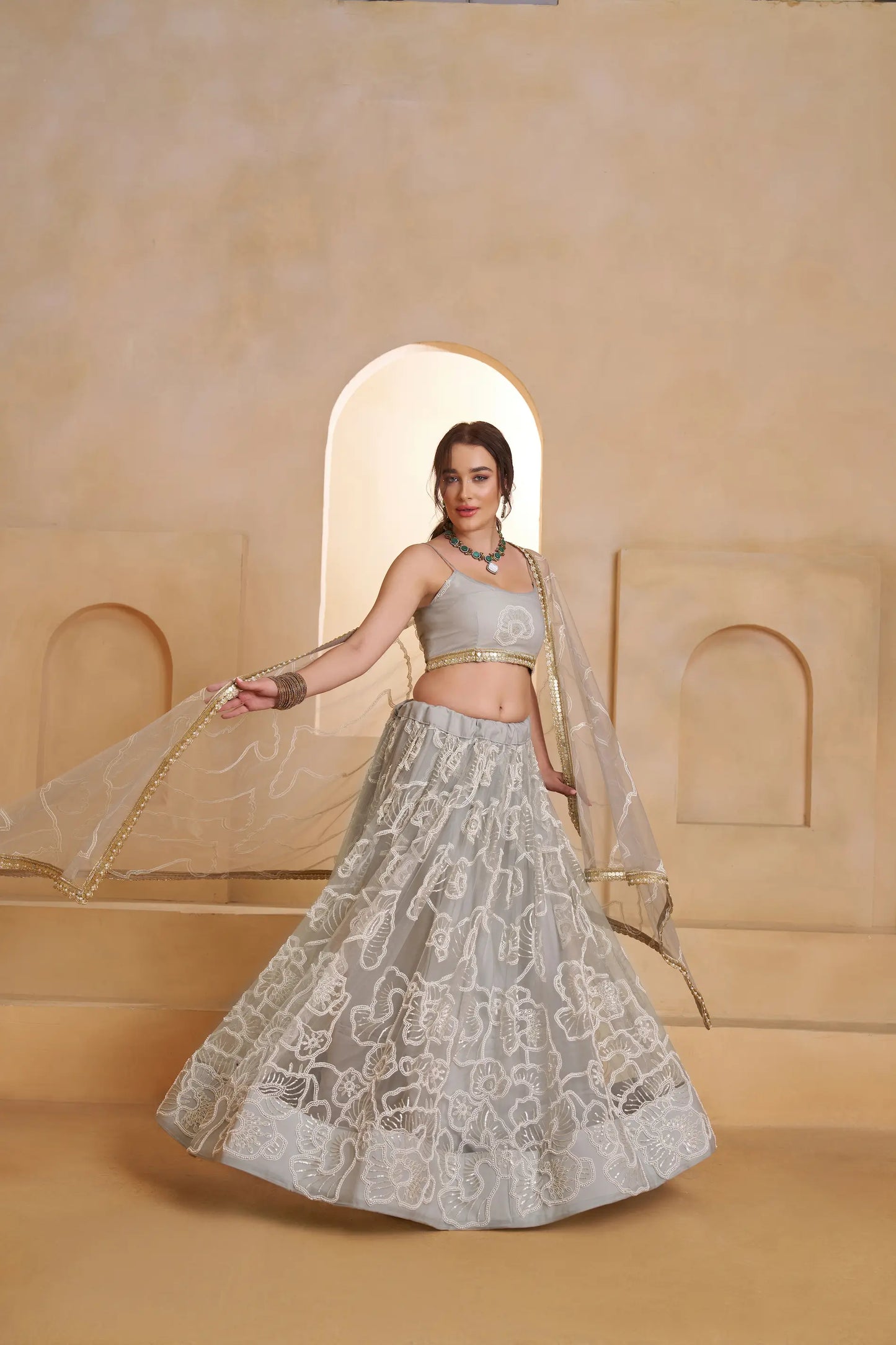 Silver Grey Net Embroidery Lehenga choli