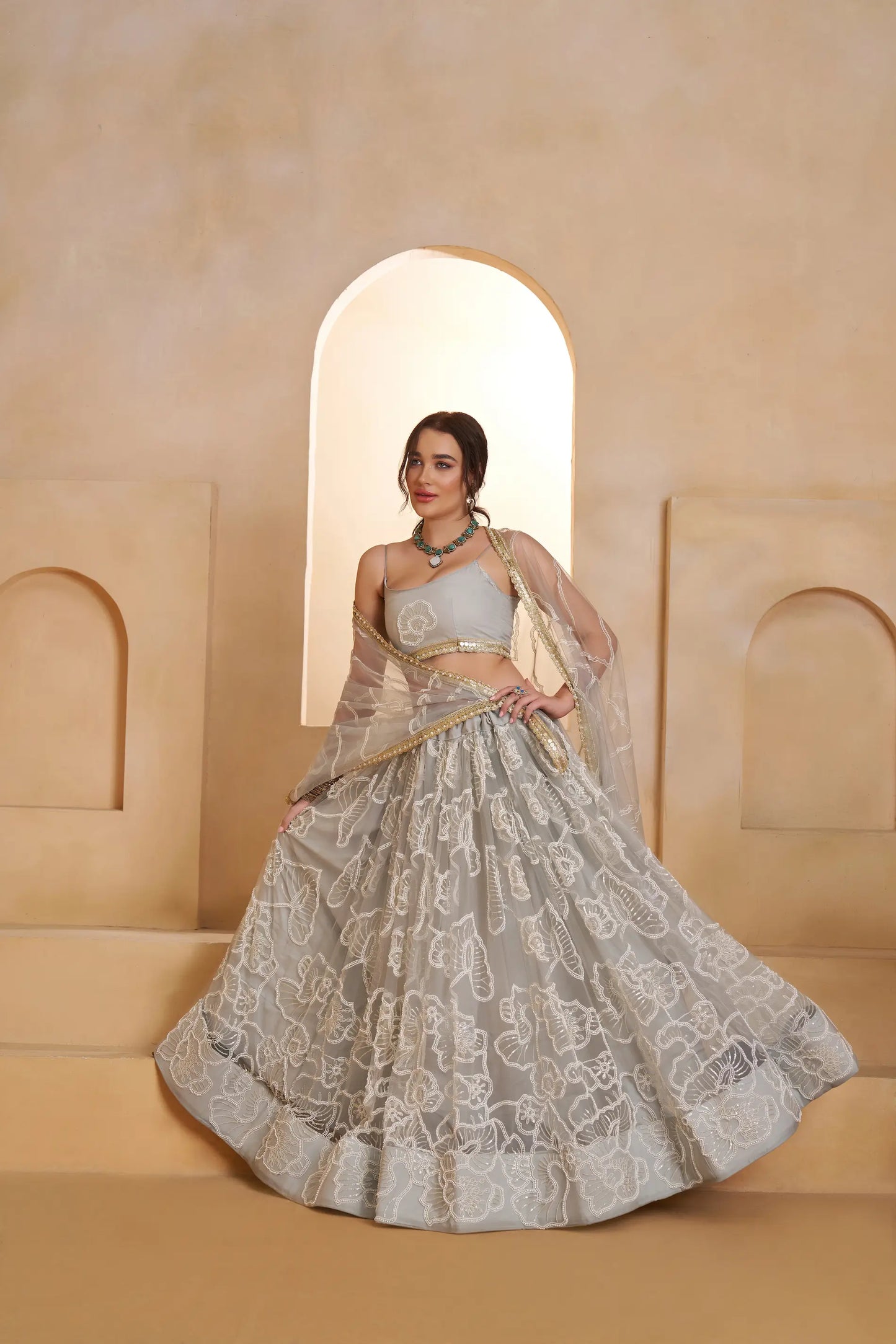Silver Grey Net Embroidery Lehenga choli