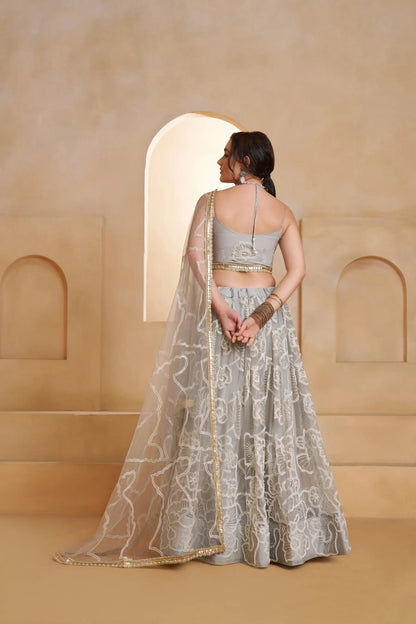 Silver Grey Net Embroidery Lehenga choli