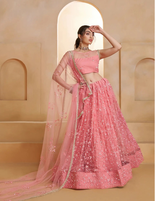 Blush Pink Net Embroidery Lehenga choli