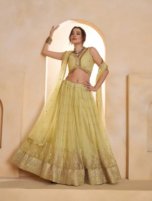 Pastel Yellow Net Embroidery Lehenga choli