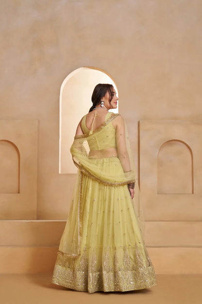 Pastel Yellow Net Embroidery Lehenga choli
