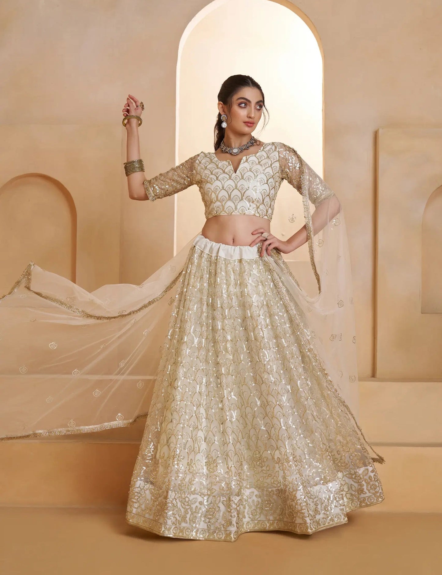 Ivory Gold Net Embroidery Lehenga choli