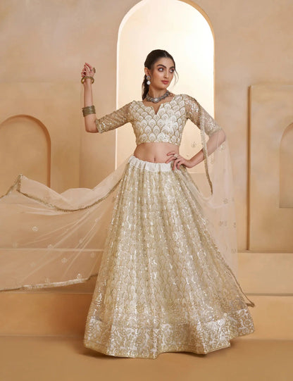 Ivory Gold Net Embroidery Lehenga choli