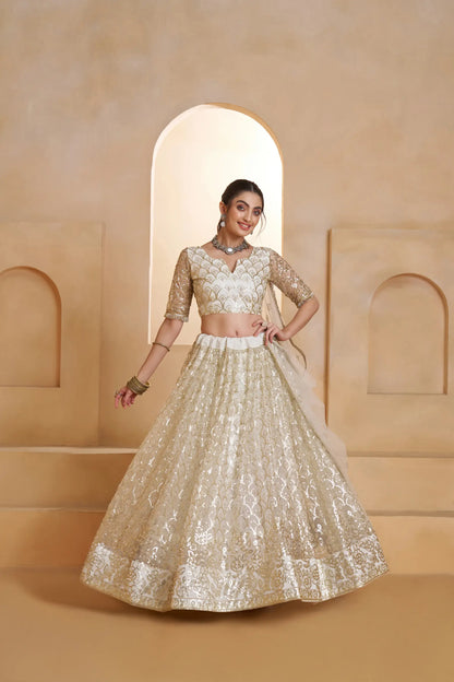 Ivory Gold Net Embroidery Lehenga choli