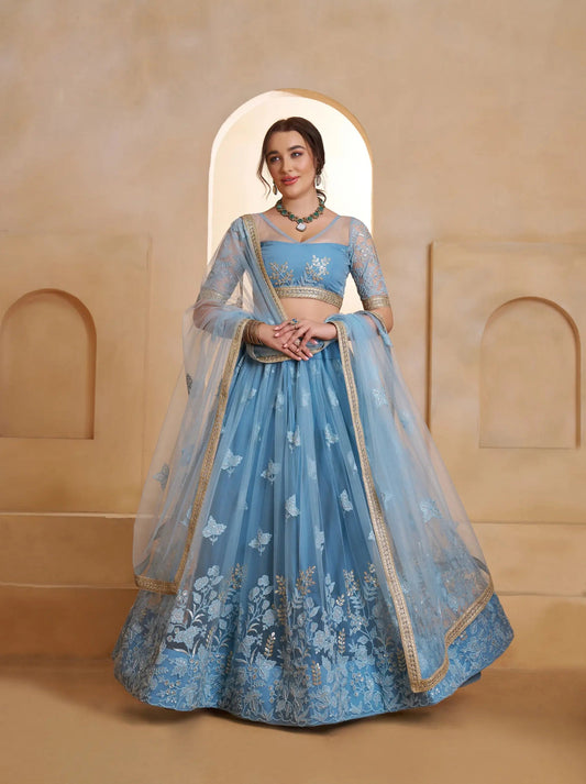 Baby Blue Net Embroidery Lehenga choli