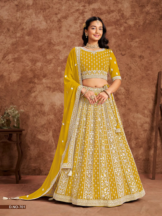 Yellow Designer Faux Georgette Lehenga Choli With Thread And Sequins Work