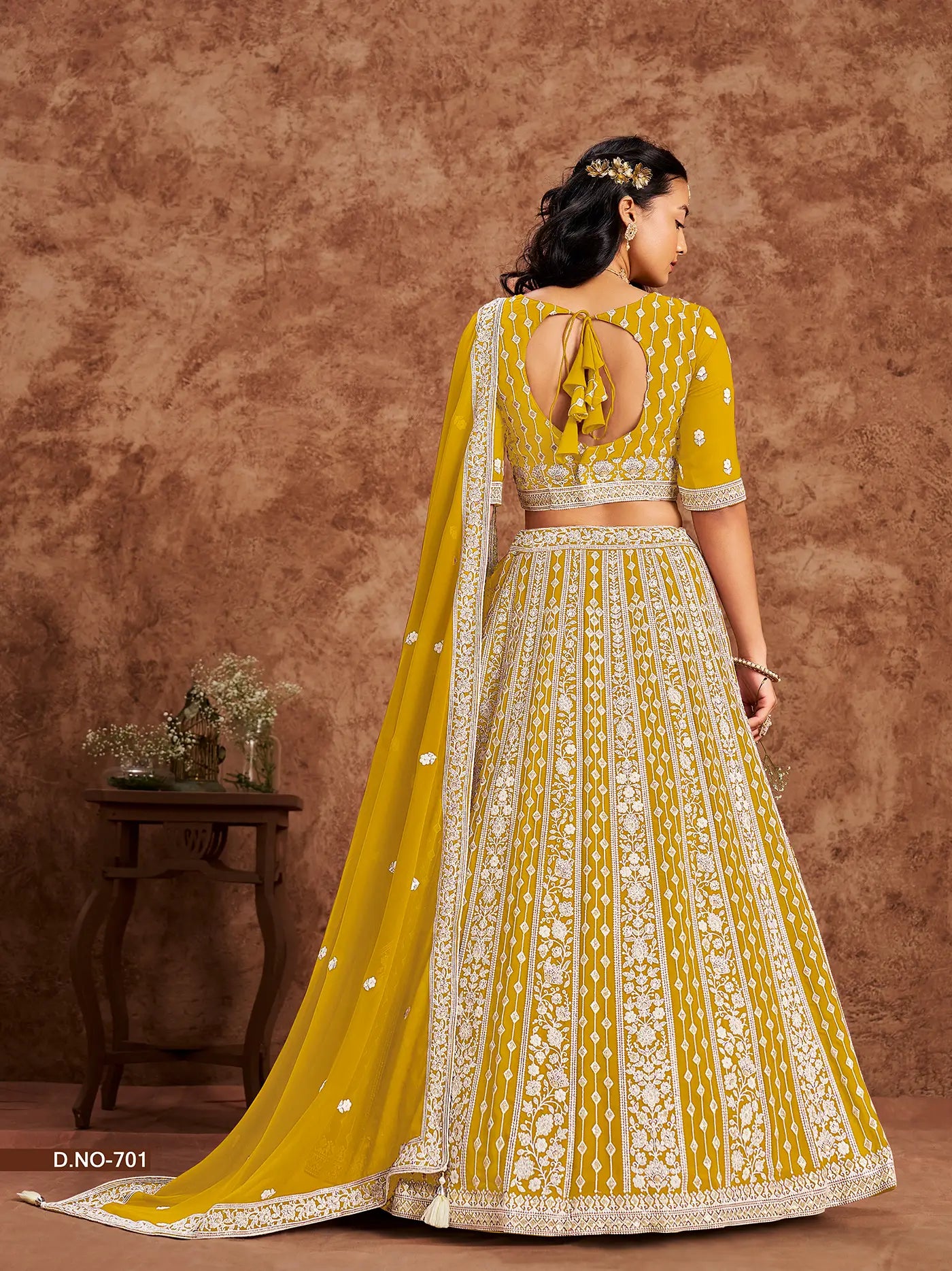 Yellow Designer Faux Georgette Lehenga Choli With Thread And Sequins Work