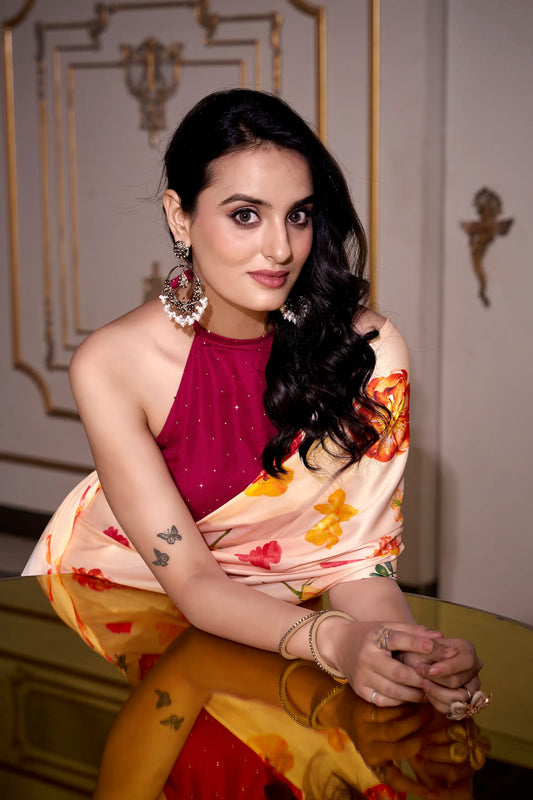 Beige Satin Silk Floral Printed Saree