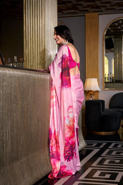 Pink Satin Silk Floral Printed Saree