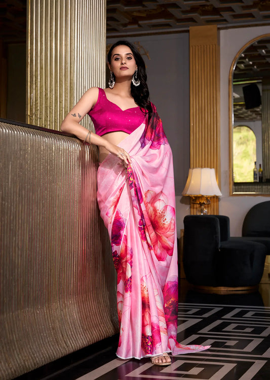 Pink Satin Silk Floral Printed Saree