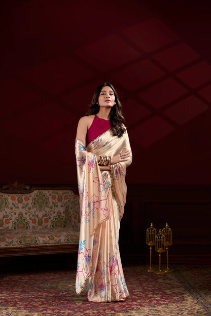 Warm Beige Satin Silk Floral Saree
