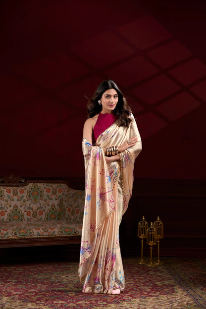 Warm Beige Satin Silk Floral Saree