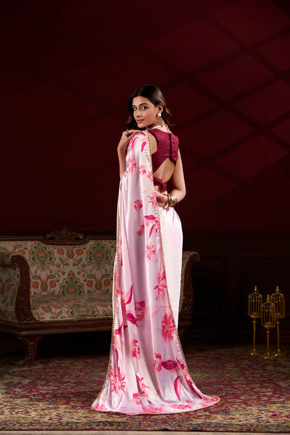 Blush Pink Satin Silk Floral Saree