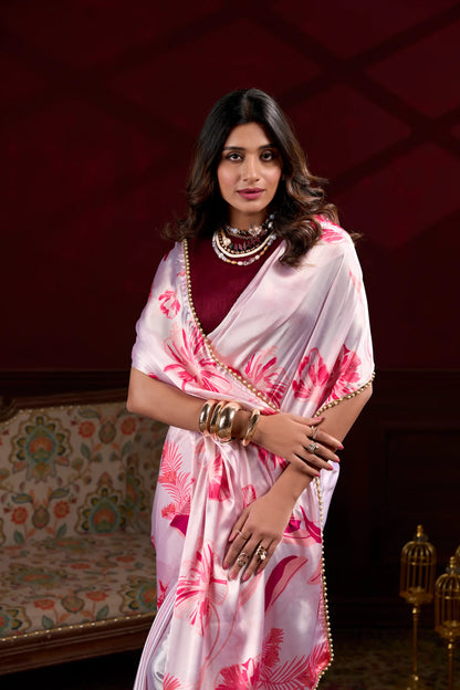 Blush Pink Satin Silk Floral Saree