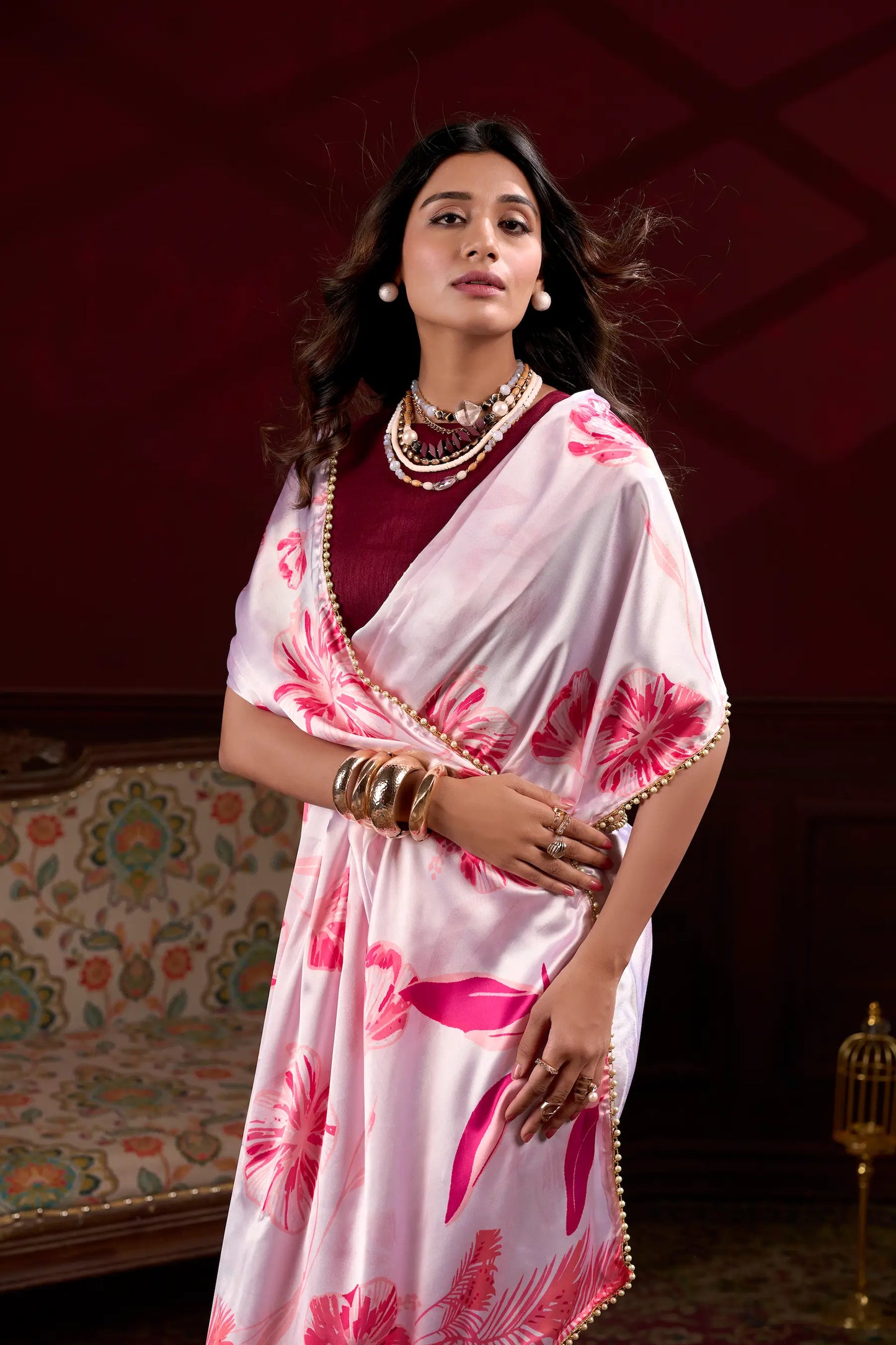 Blush Pink Satin Silk Floral Saree