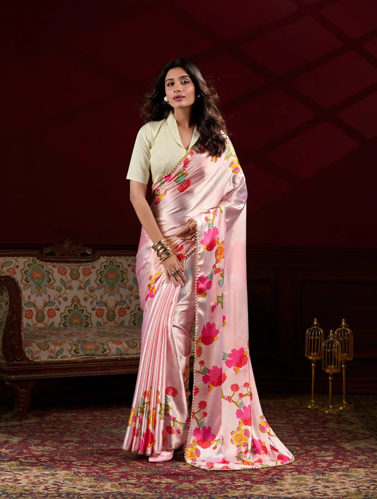 Peach Pink Satin Silk Floral Saree