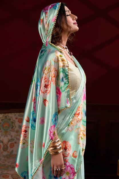 Mint Green Satin Silk Floral Saree