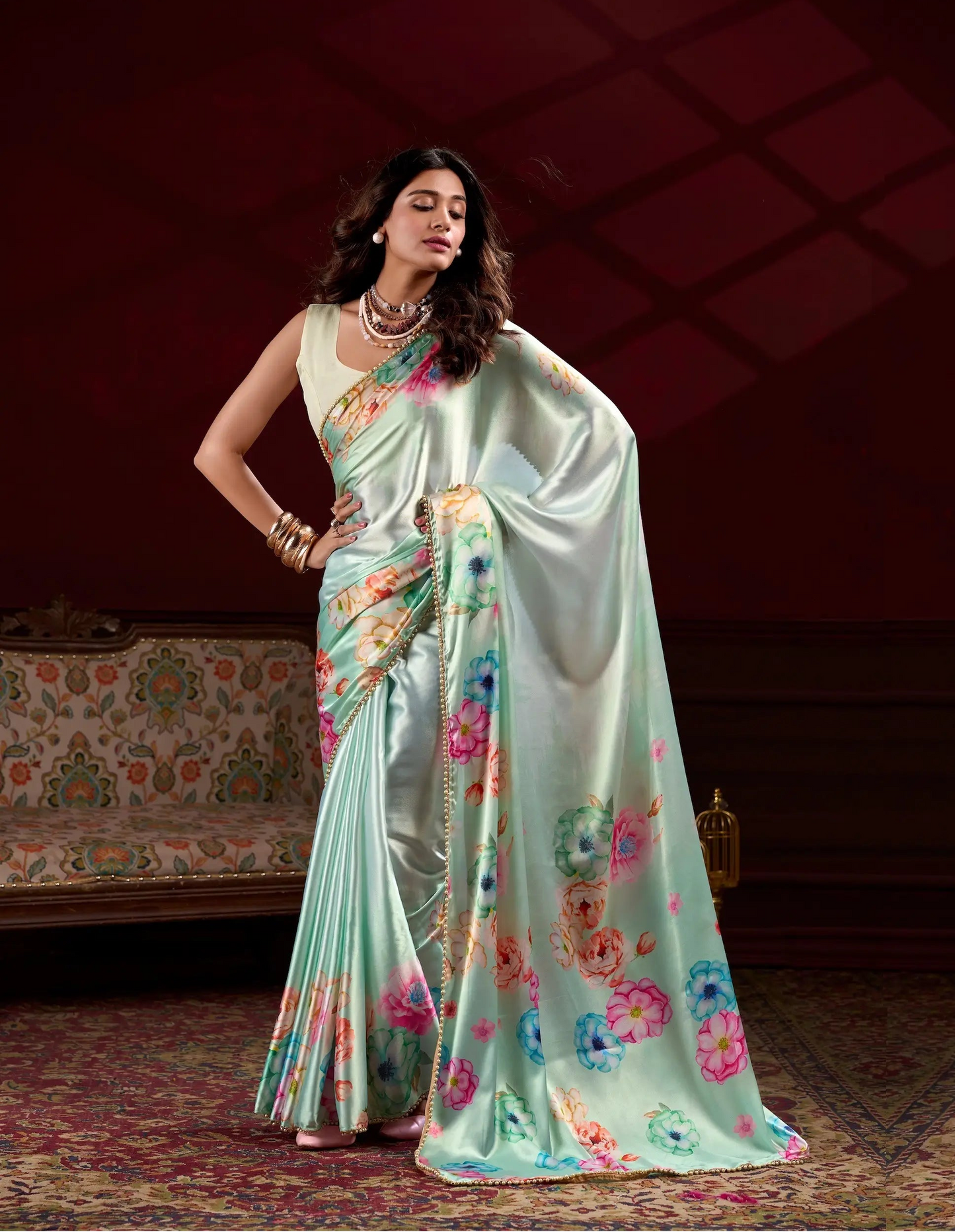 Mint Green Satin Silk Floral Saree
