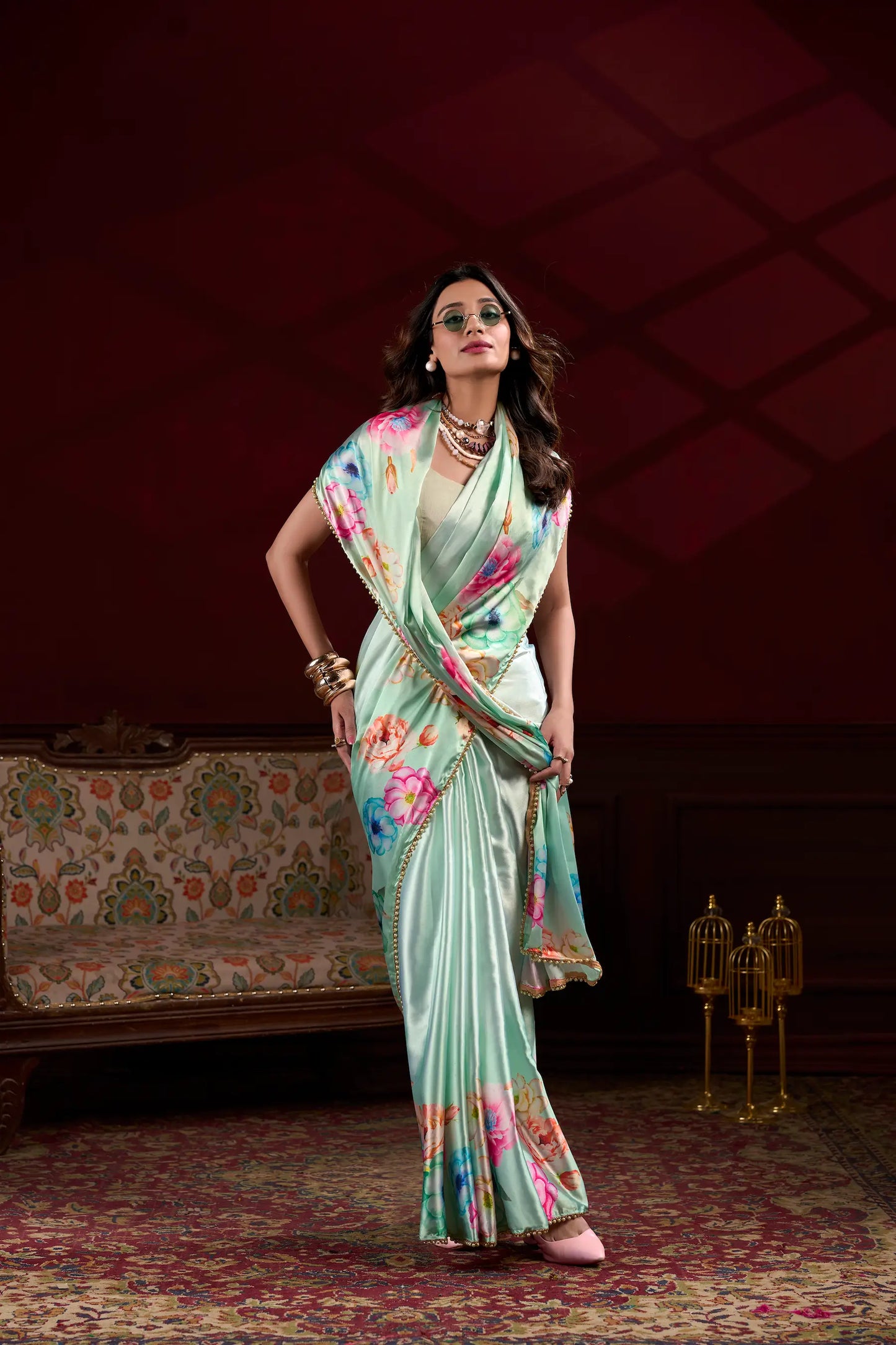 Mint Green Satin Silk Floral Saree