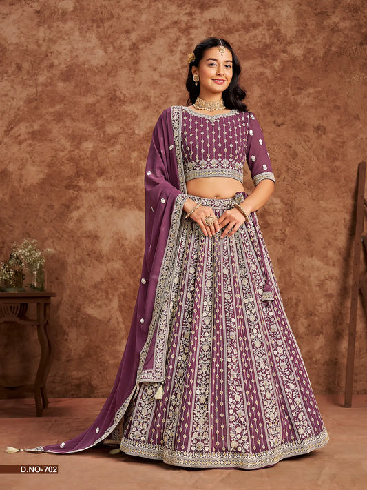 Dark Mauve Designer Faux Georgette Lehenga Choli With Thread And Sequins Work