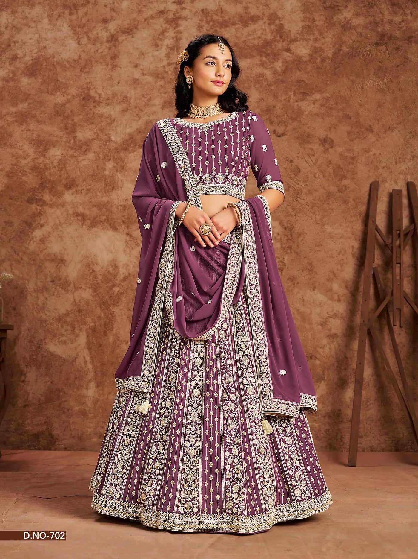 Dark Mauve Designer Faux Georgette Lehenga Choli With Thread And Sequins Work